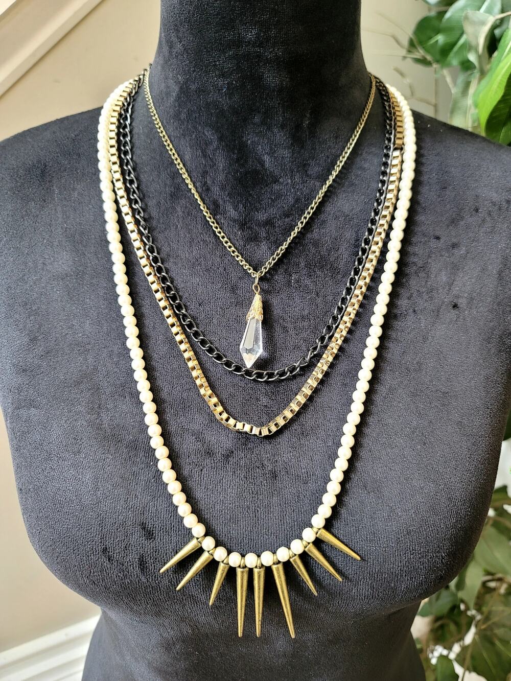 Gold Black Ivory Multi Strand Layered Spike Statement Necklace Boho Jewelry